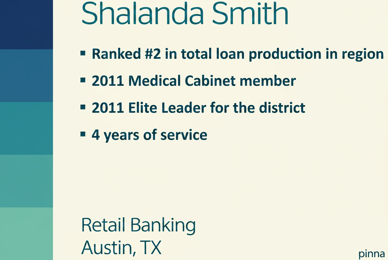Pinnacle Club credential slide — Shalanda Smith, ranked #2 in total loan production, Elite Leader, Medical Cabinet Member