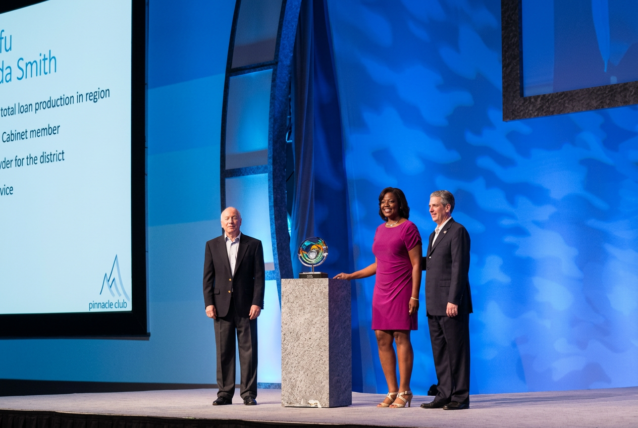 Shalanda Smith receiving the Pinnacle Club award on stage